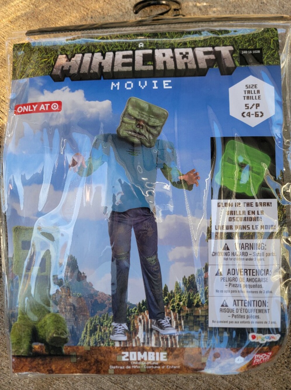 Minecraft Movie Zombie Costume Size S 4/6- Mask Glows In Dark